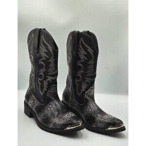 Men’s Black Leather Cowboy Boots Exotic Print Toe Metal Tip Sz 8.5